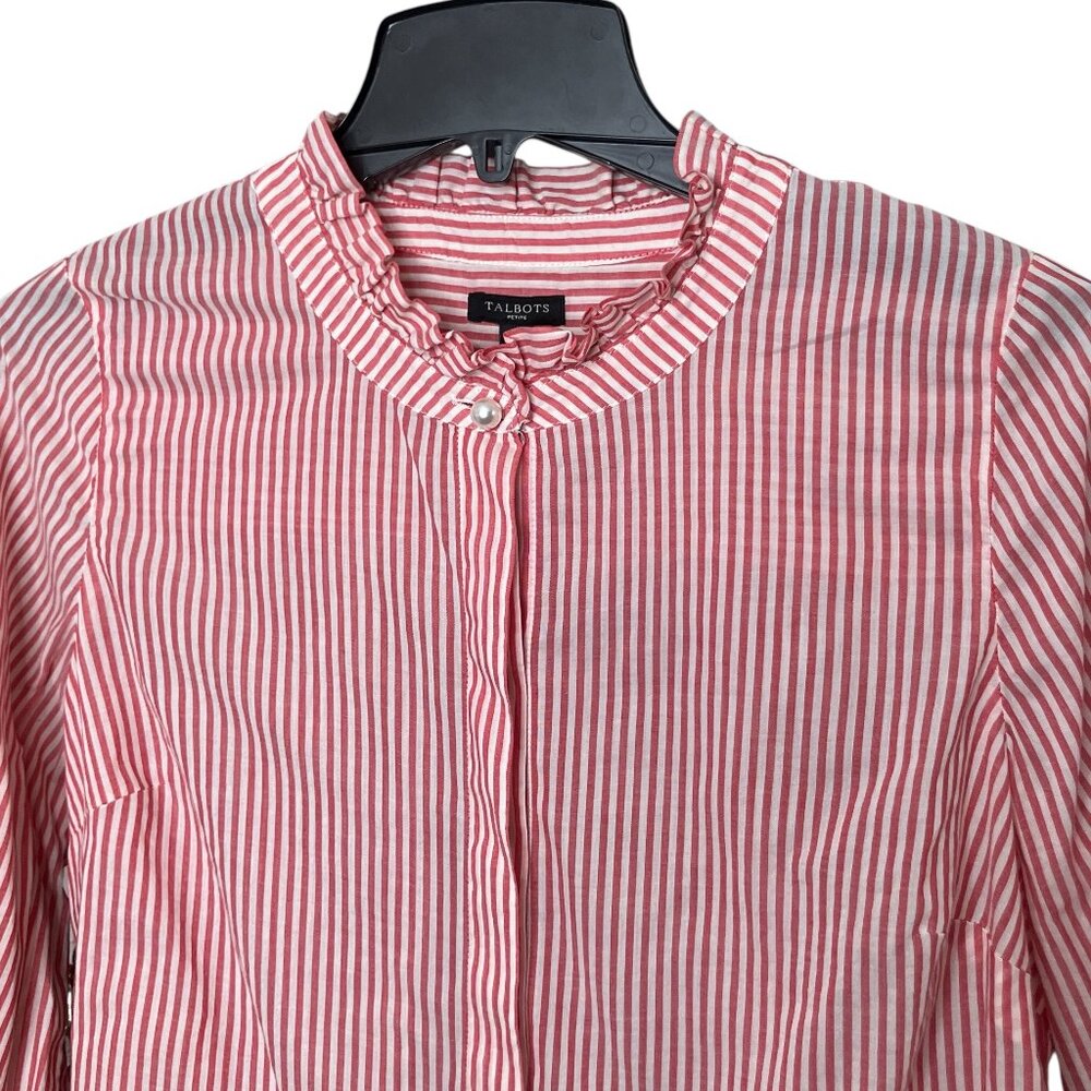 Talbots Petites Medium Red White Oxford Striped Pearl Button Ruffle Neck‎ Top